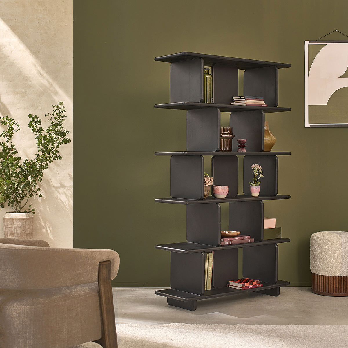Berah Getah Cleo bibliothèque manguier massif noir 106 cm haute