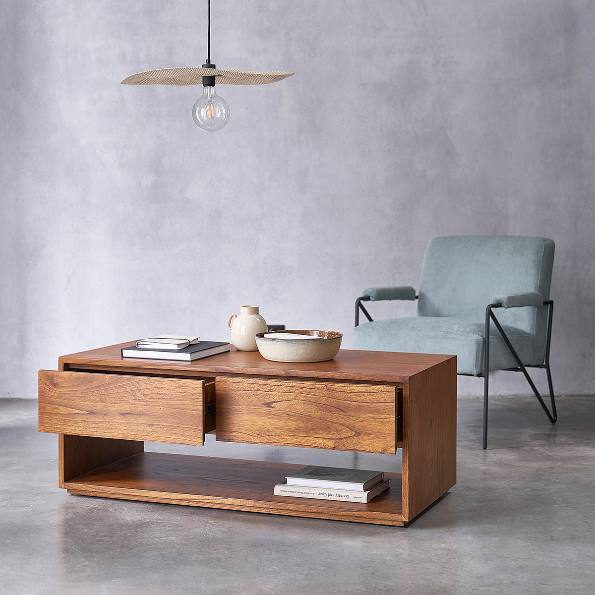 Berah Getah Milo table basse bois 120 cm noyer 2 tiroirs