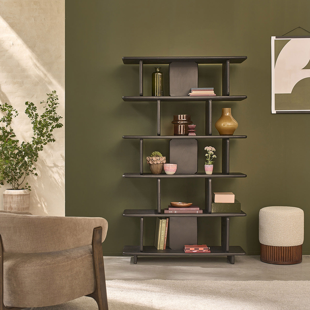 Berah Getah Cleo bibliothèque manguier massif noir 106 cm haute