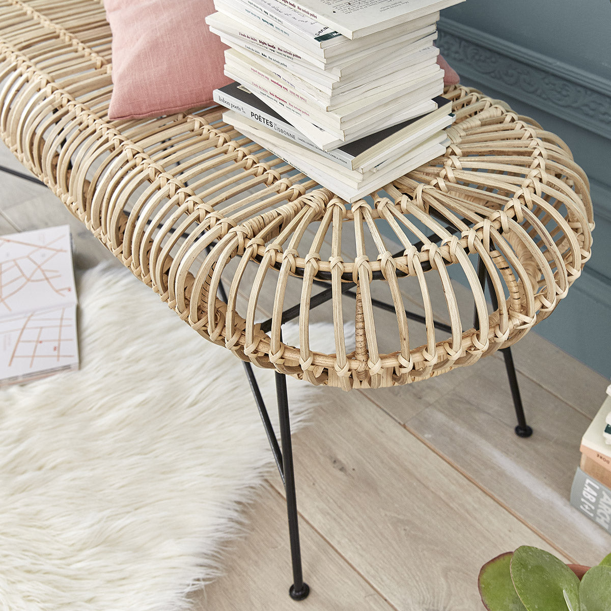 Berah Getah Bohema banc rotin et métal banquette entrée
