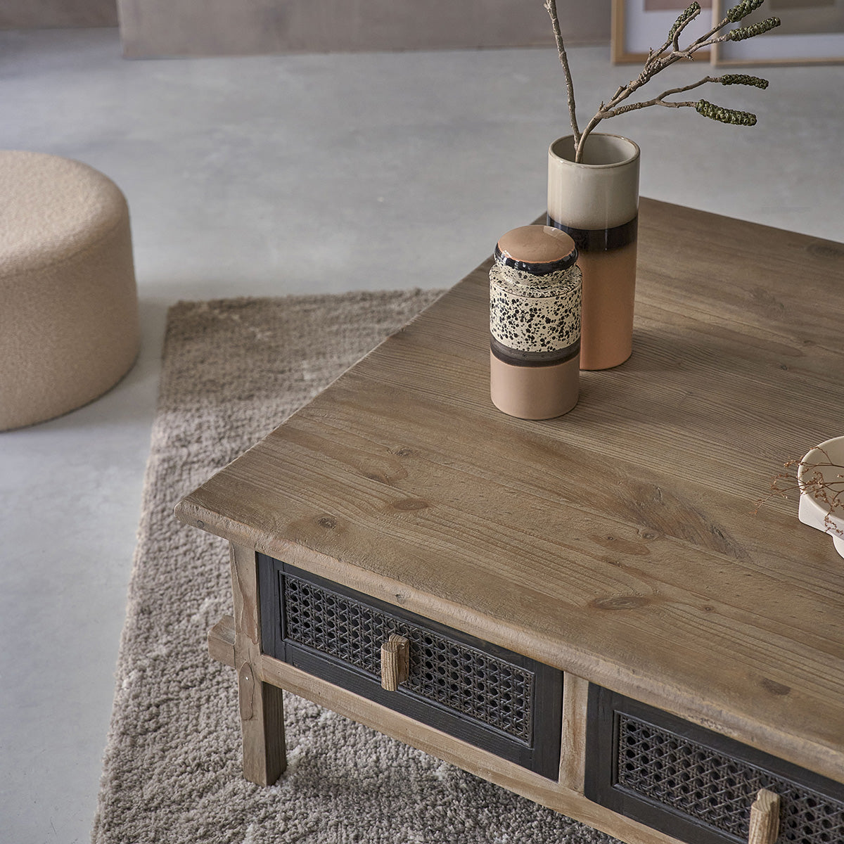 Berah Getah JUNKO table basse pin recyclé 100 cm 4 tiroirs