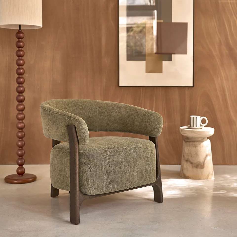 Berah Getah Henri fauteuil chêne chenille kaki noyer