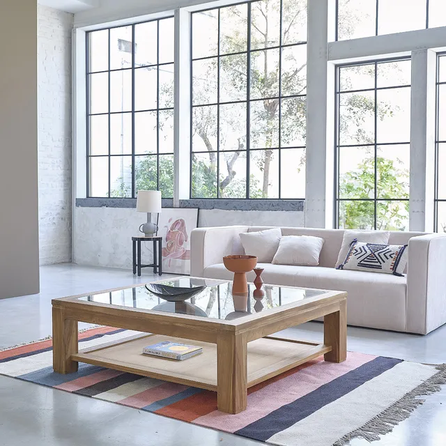 Berah Getah Boston table basse teck 120 cm verre