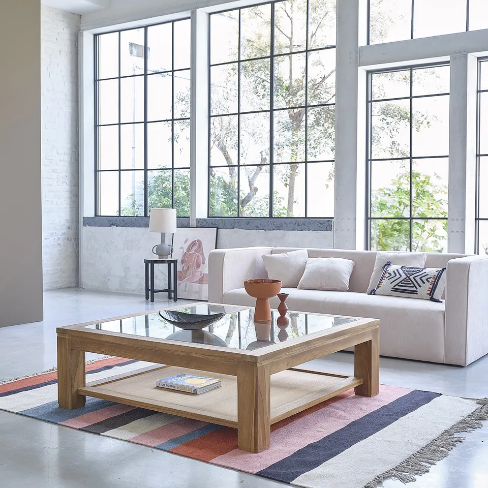 Berah Getah Boston table basse teck 120 cm verre