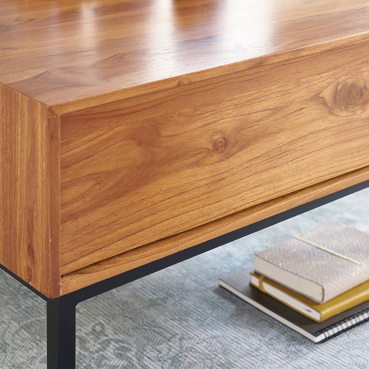 Berah Getah LINA Table basse teck métal 70 cm 2 tiroirs
