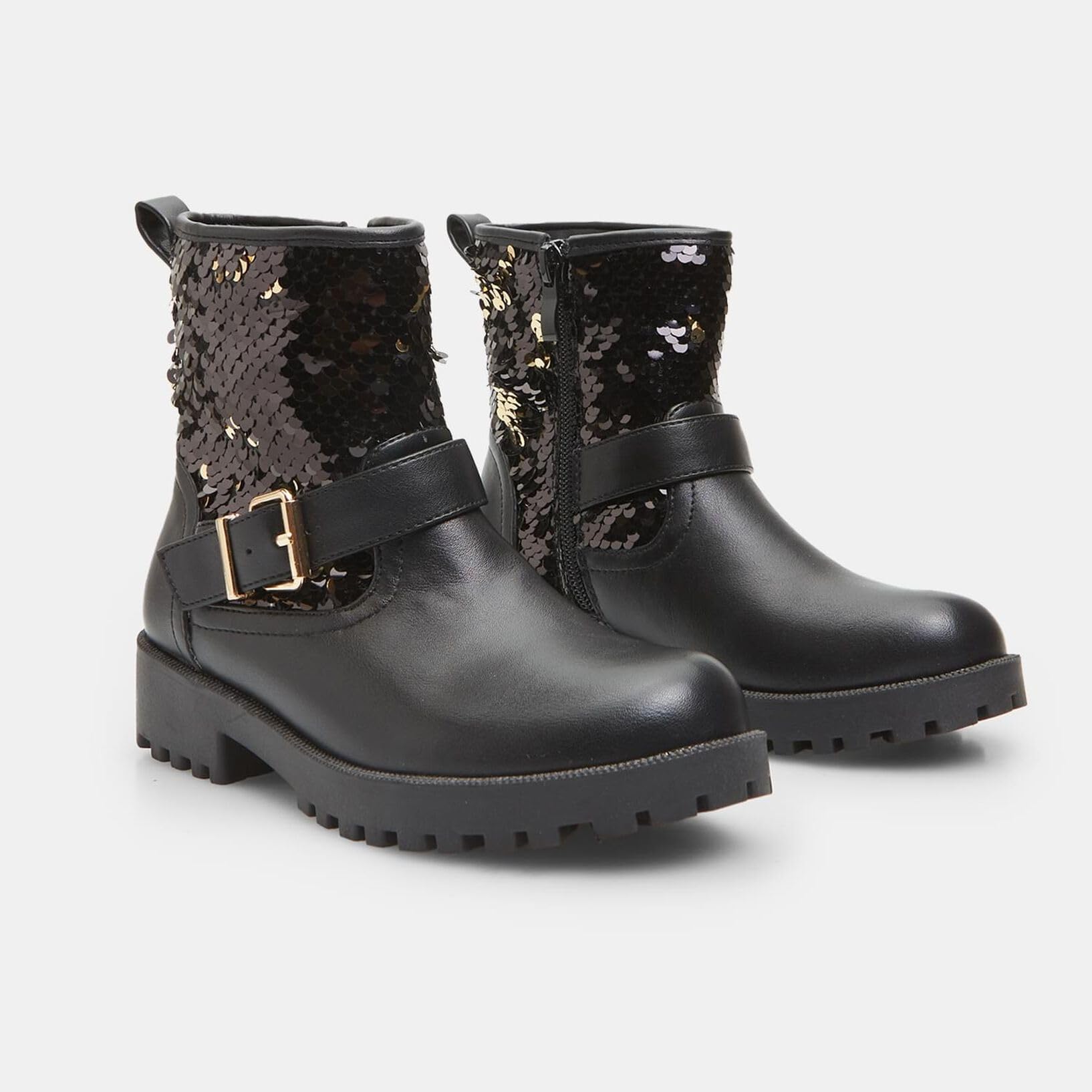 Bata bottes fille paillettes noir doré zip