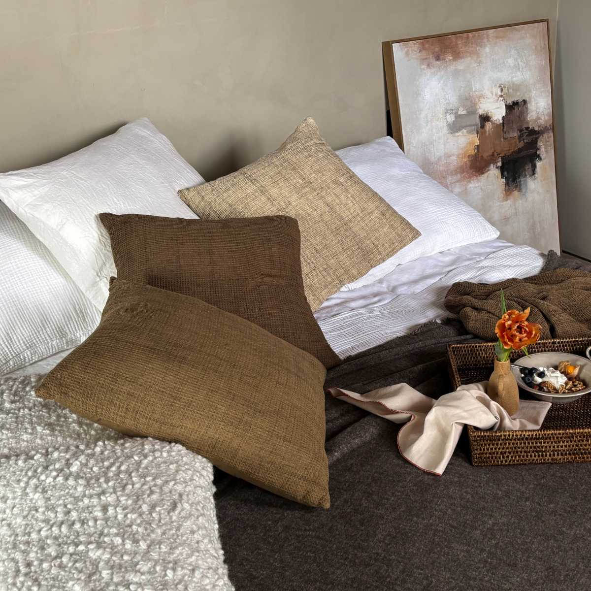 Andrea House Textil Coussin coton Waffle marron 50x50