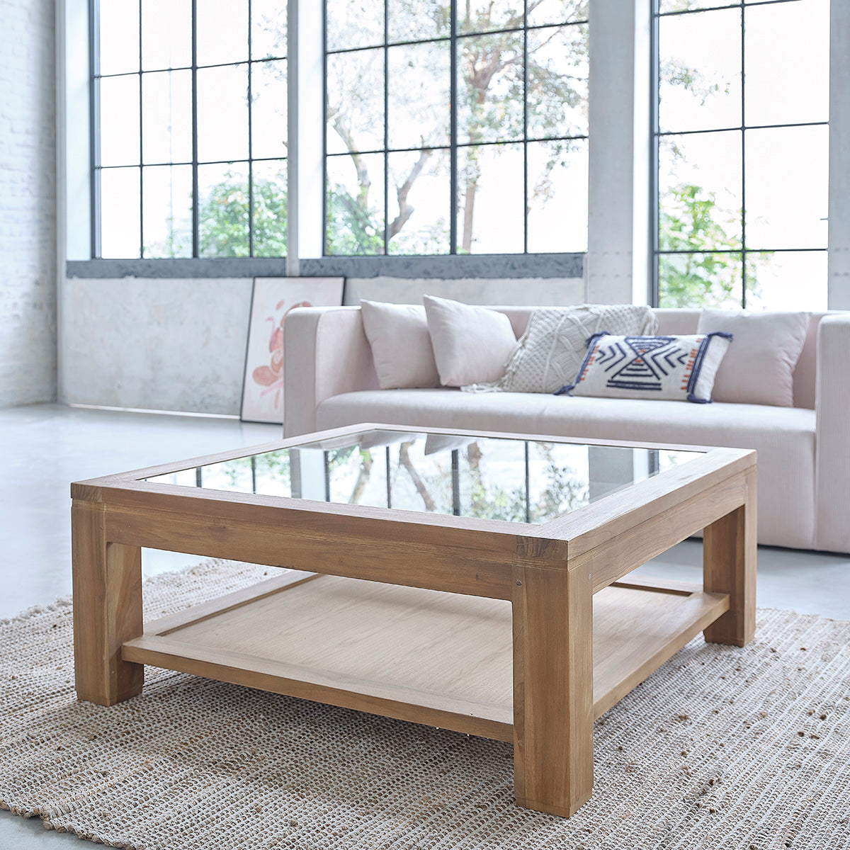 Berah Getah Boston table basse teck 100 cm plateau verre