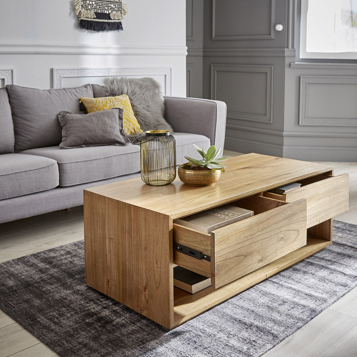 Berah Getah Tilo table basse mindi 120 cm 2 tiroirs