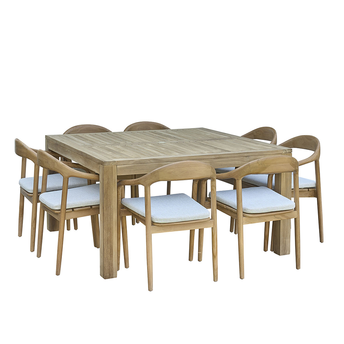 Berah Getah Ambre salon jardin teck 8 pers coussins grège