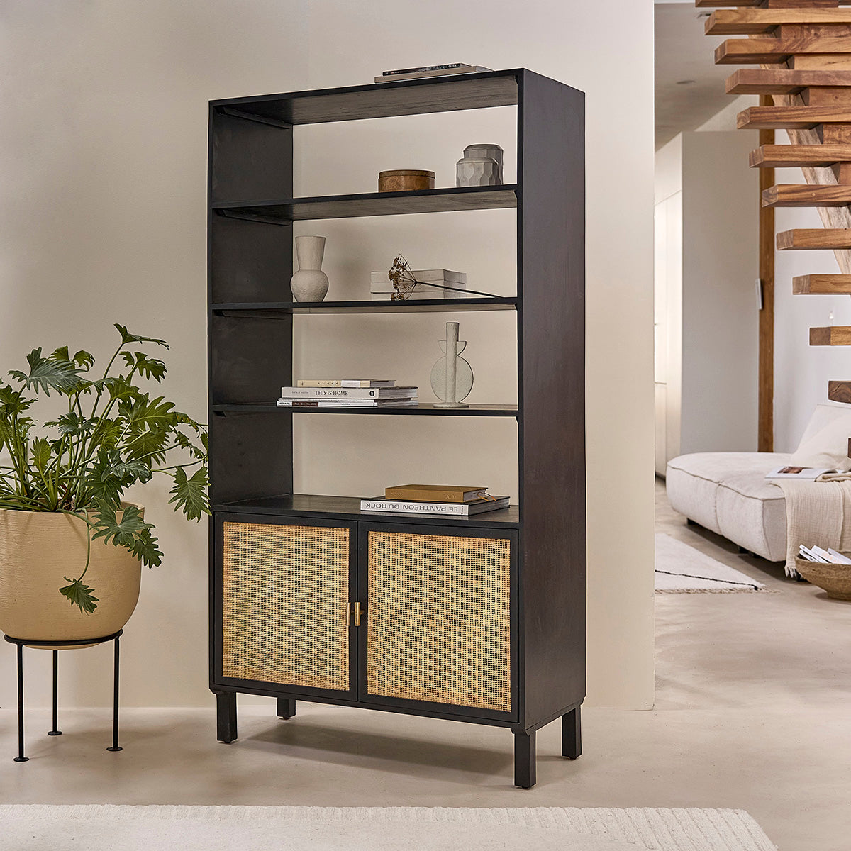 Berah Getah Blaise bibliothèque manguier noire cannage 170 cm