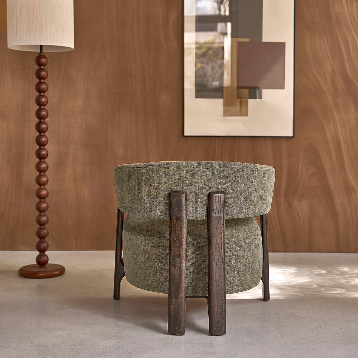 Berah Getah Henri fauteuil chêne chenille kaki noyer