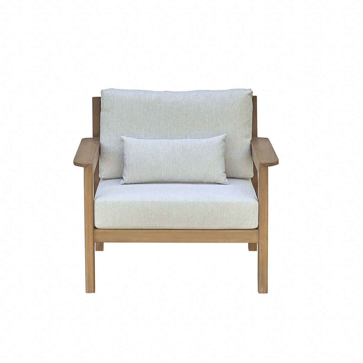 Berah Getah Maora fauteuil jardin teck coussins grège