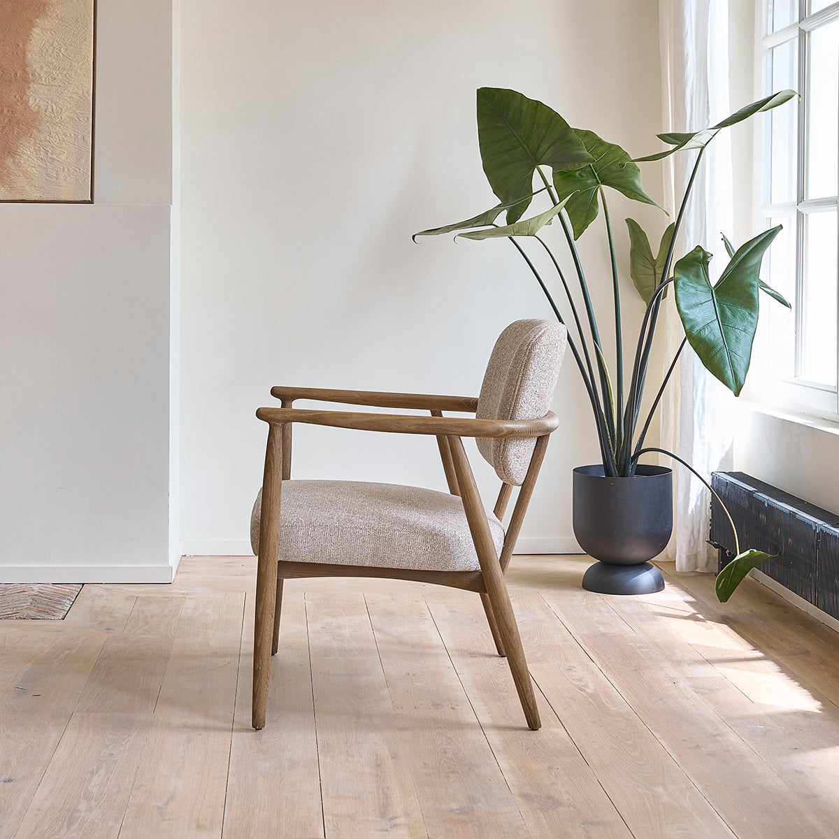 Berah Getah Salon fauteuil chêne tissu beige chiné