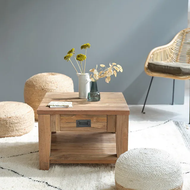 Berah Getah Cargo table basse teck recyclé 60 cm tiroir