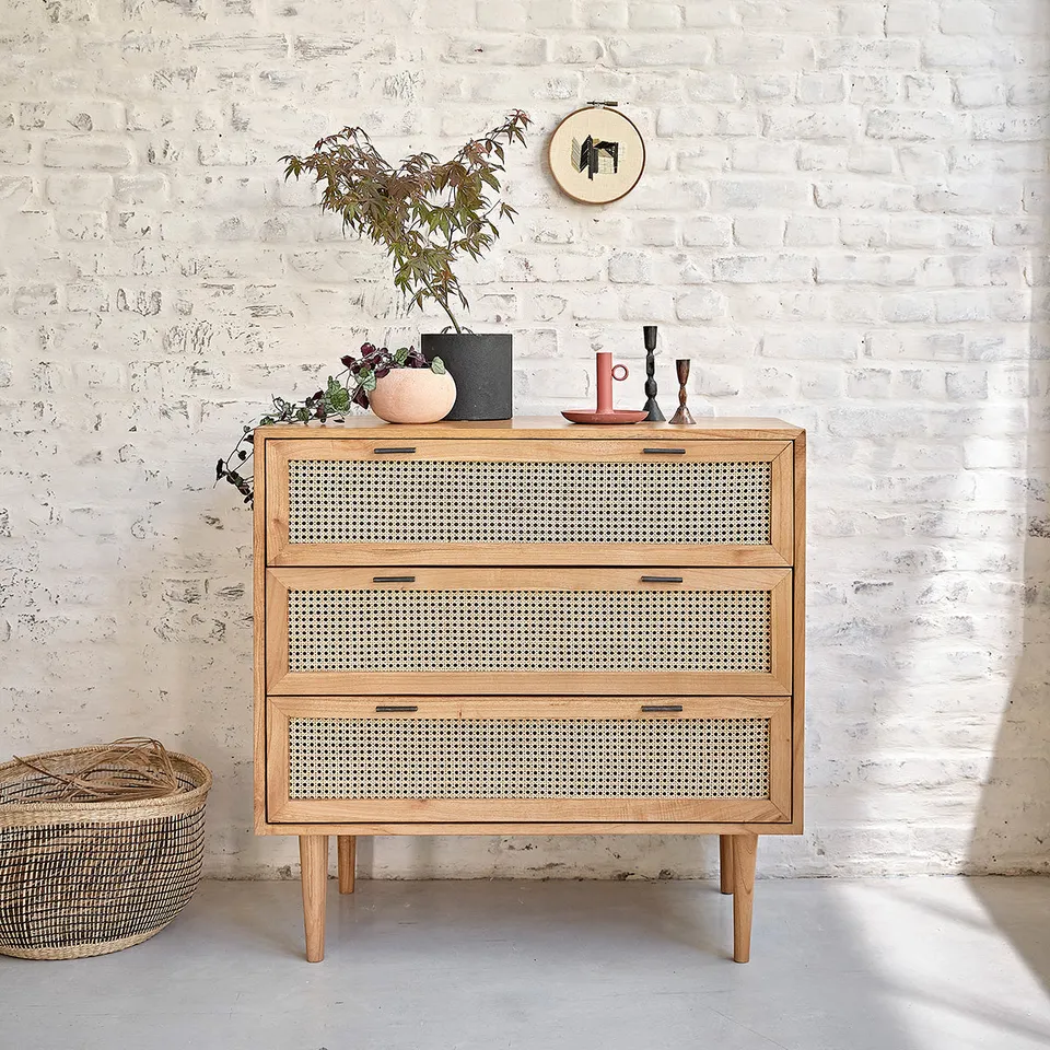 Berah Getah Alba commode mindi cannage 100 cm 3 tiroirs
