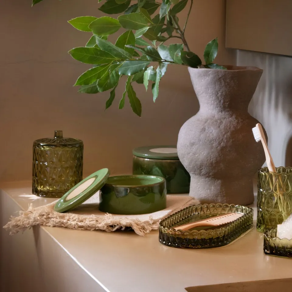 Andrea House Baño pot avec couvercle verre vert Pear 10cm