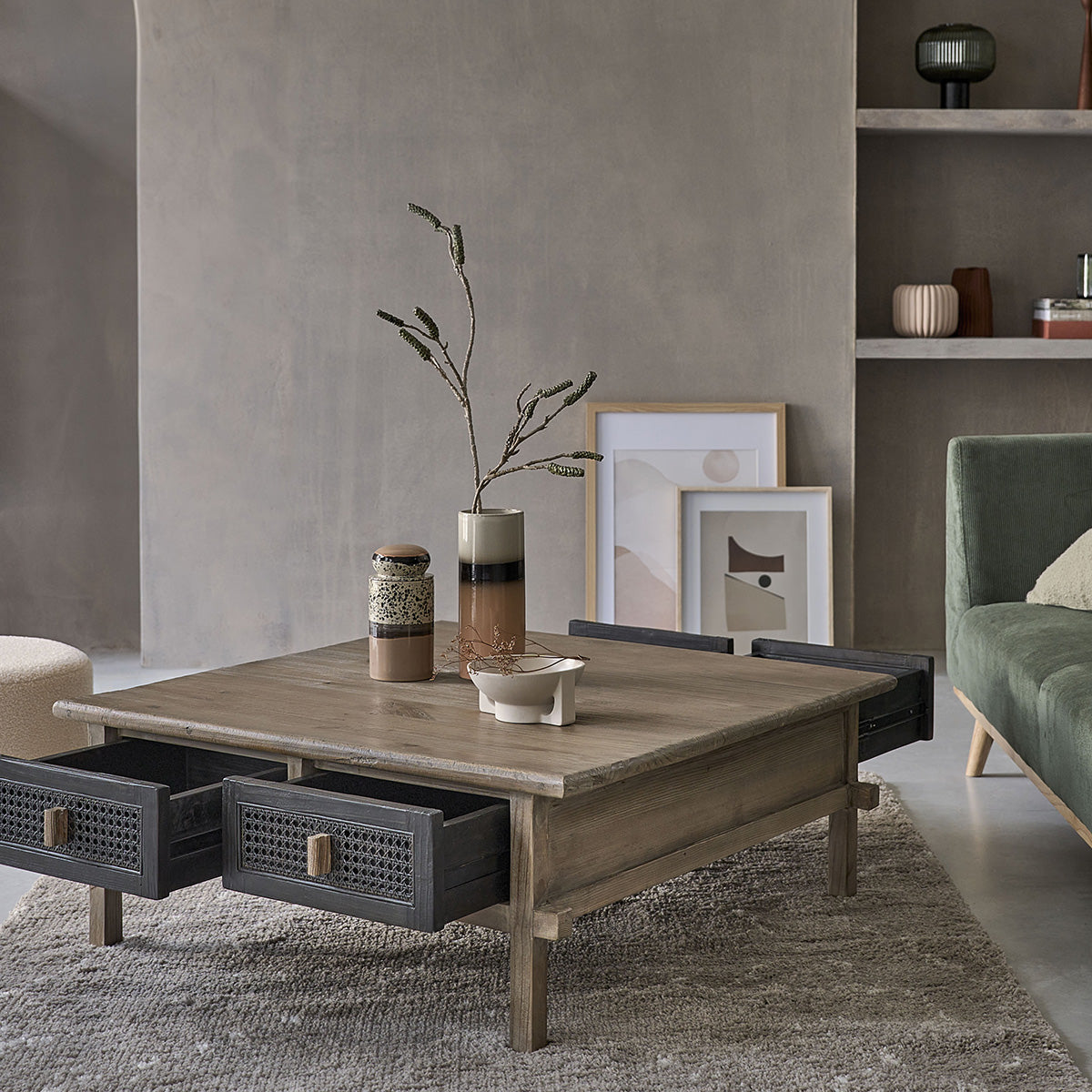 Berah Getah JUNKO table basse pin recyclé 100 cm 4 tiroirs