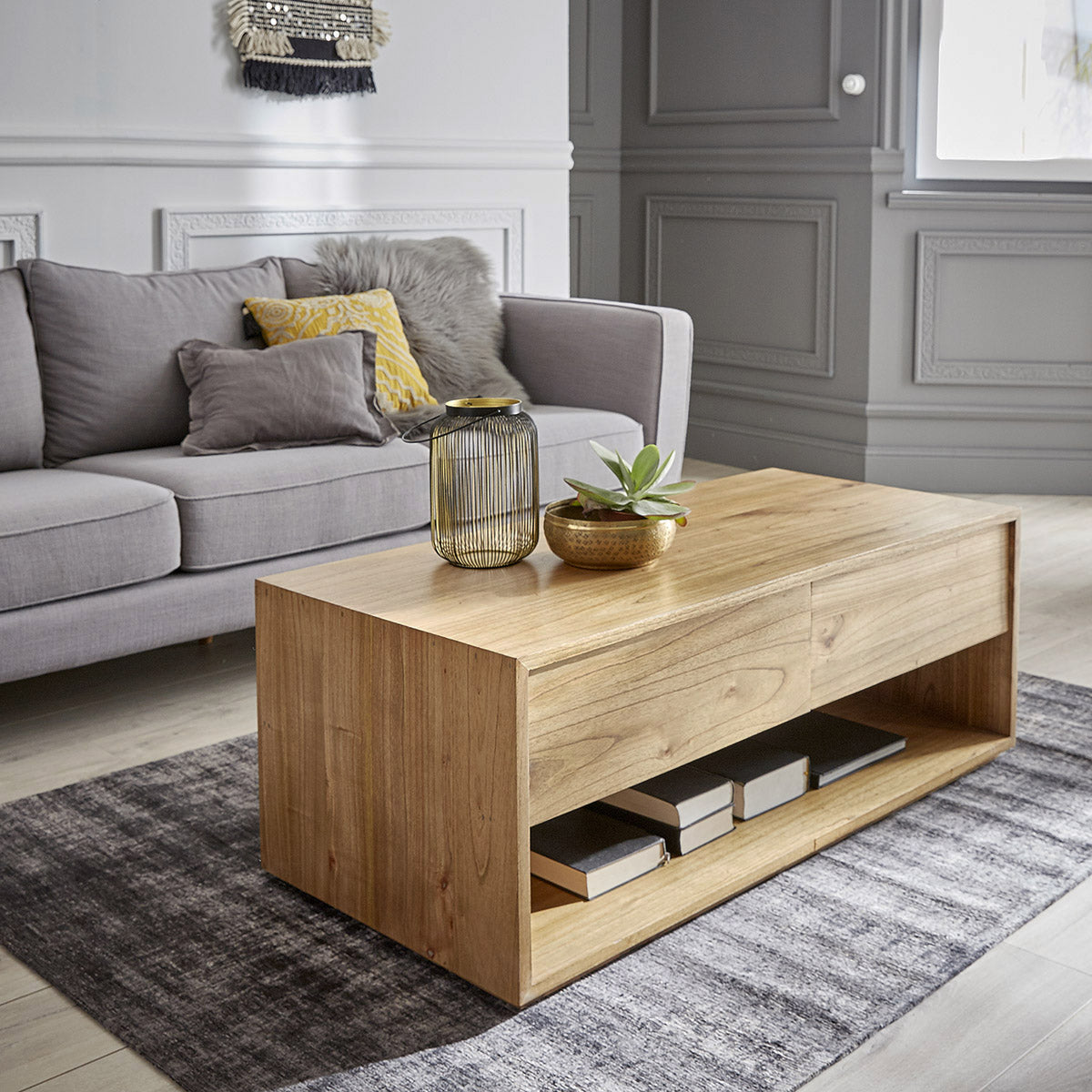 Berah Getah Tilo table basse mindi 120 cm 2 tiroirs