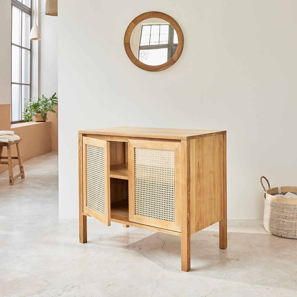 Berah Getah Eliott meuble sous-vasque teck 90 cm cannage