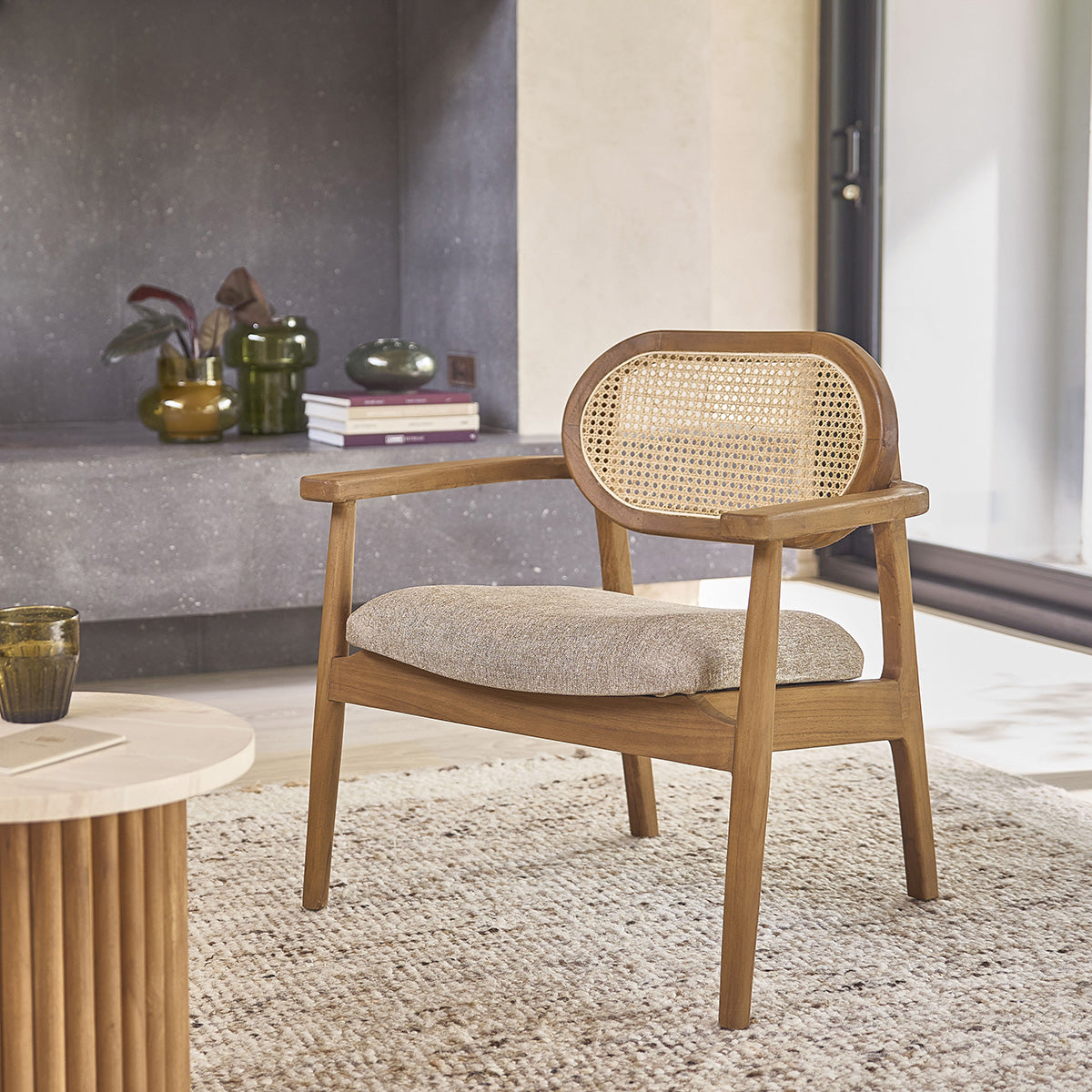 Berah Getah Sabi fauteuil teck cannage velours grège