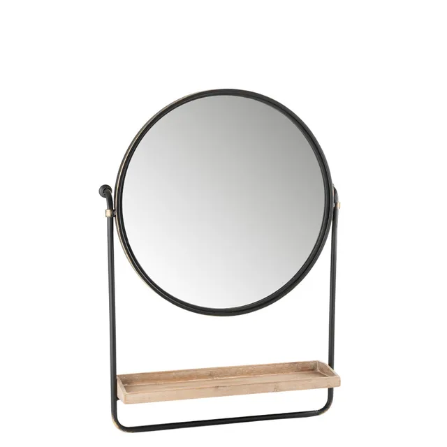 Berah Getah miroir rond métal noir avec étagère bois