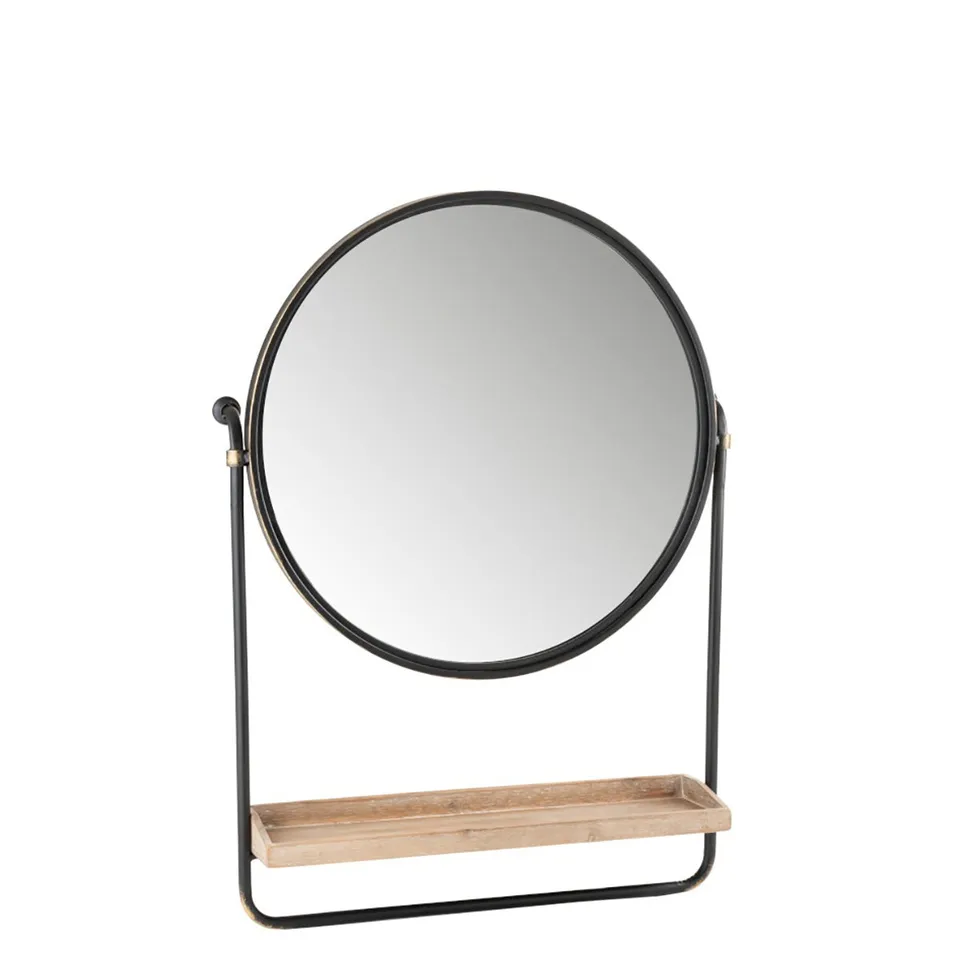 Berah Getah miroir rond métal noir avec étagère bois