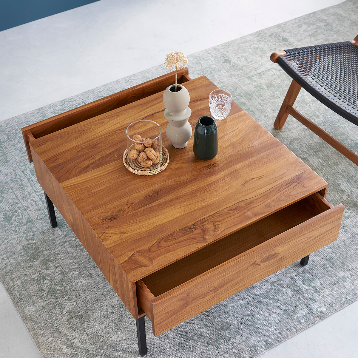 Berah Getah LINA Table basse teck métal 70 cm 2 tiroirs