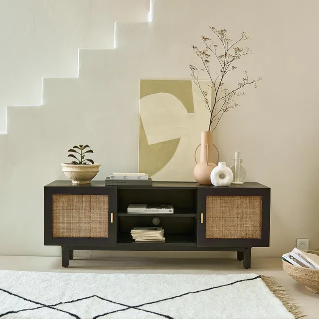 Berah Getah Salon meuble TV manguier noir cannage 140 cm