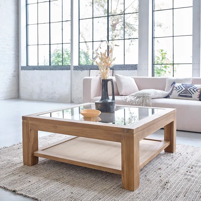 Berah Getah Boston table basse teck 100 cm plateau verre