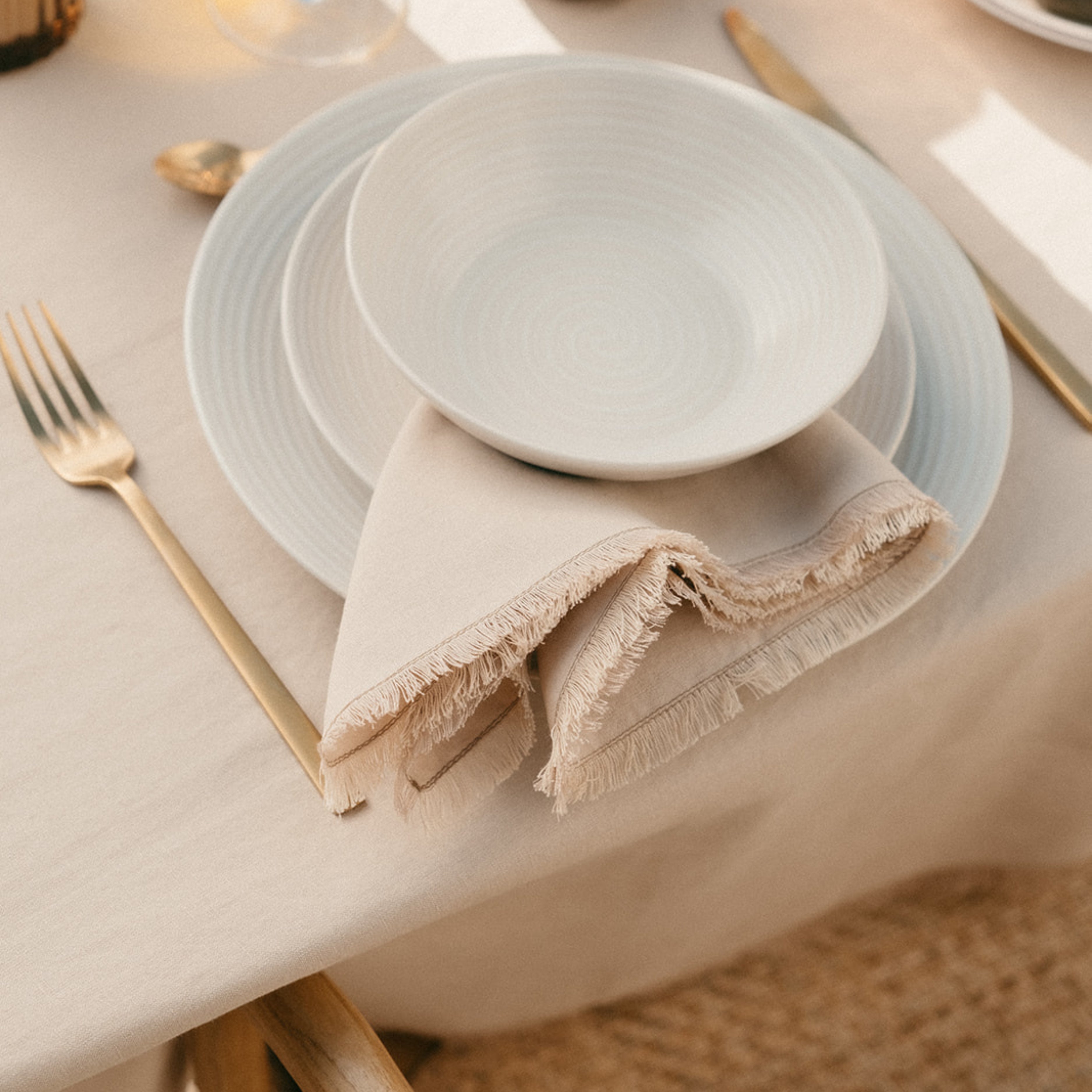 Andrea House set 2 serviettes table lin beige franges