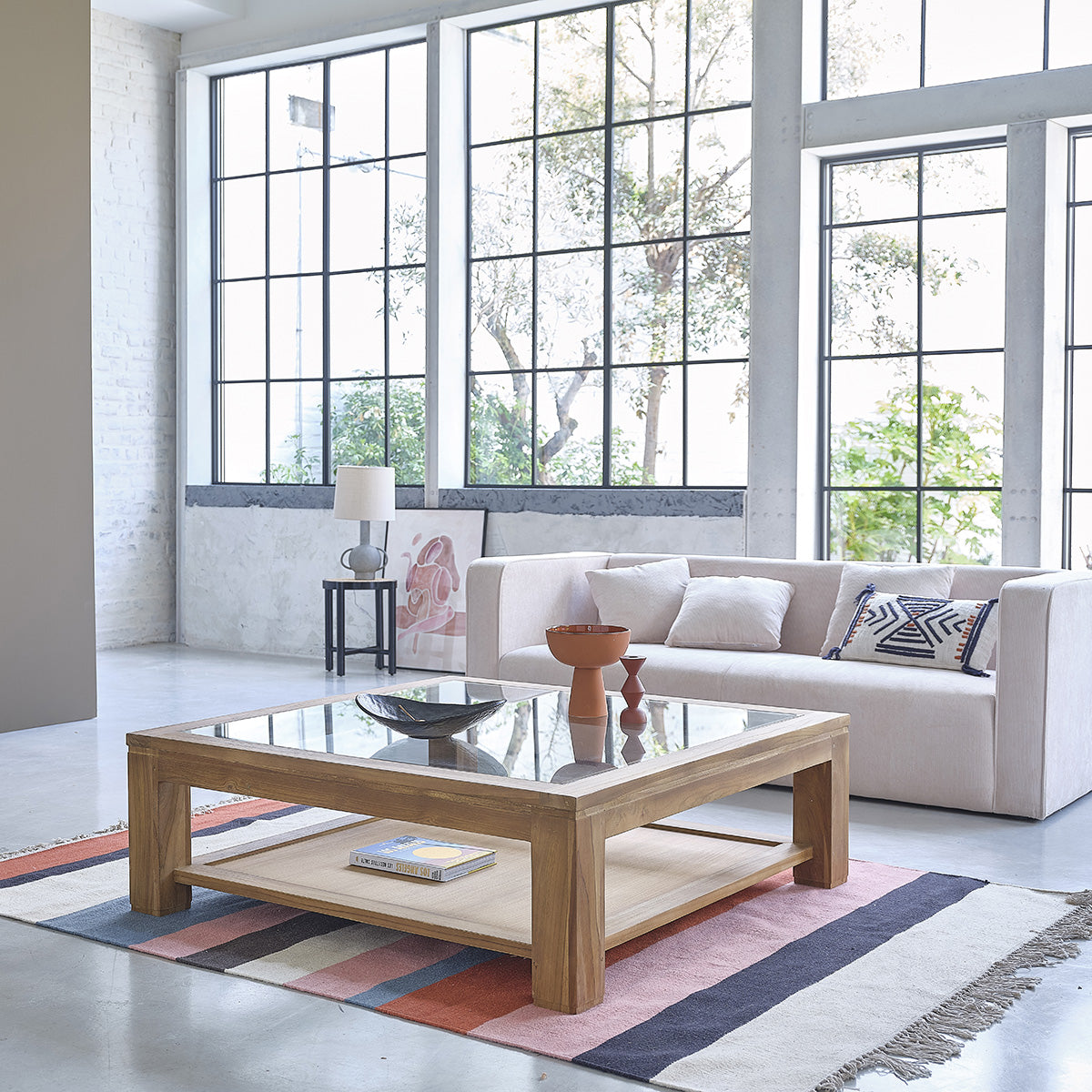 Berah Getah Boston table basse teck 120 cm verre