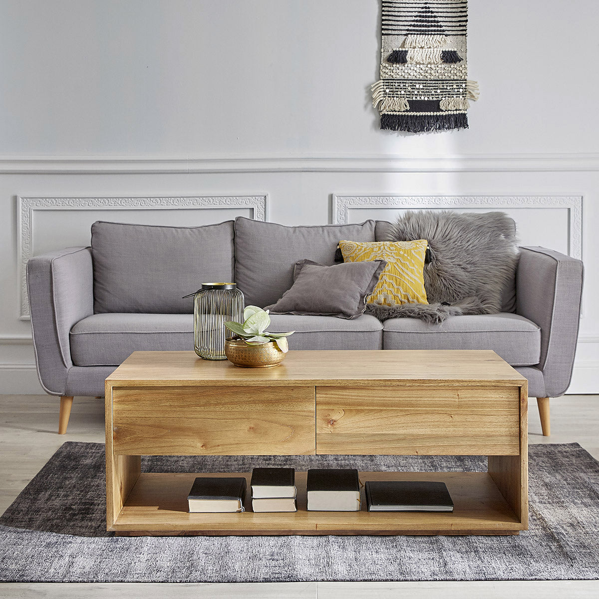 Berah Getah Tilo table basse mindi 120 cm 2 tiroirs
