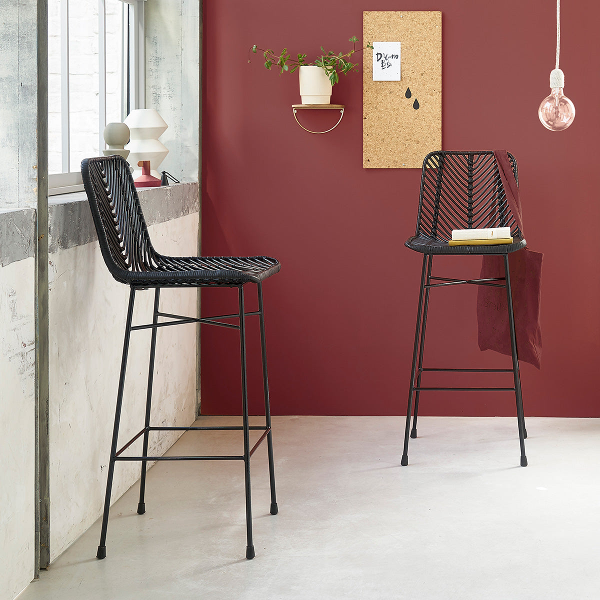 Berah Getah Bohema tabouret de bar rotin métal noir