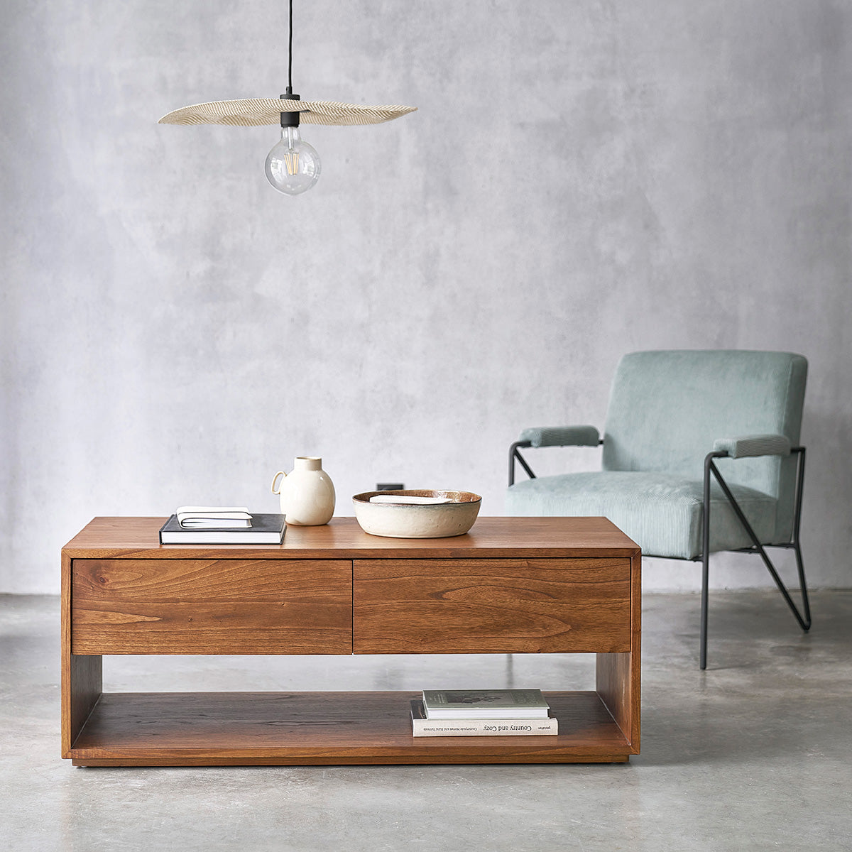 Berah Getah Milo table basse bois 120 cm noyer 2 tiroirs