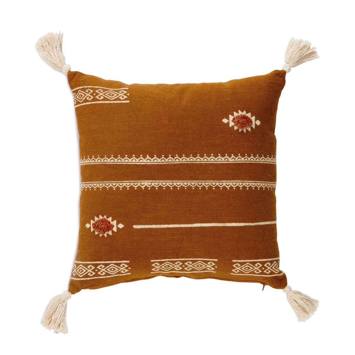 Andrea House coussin pompons marron ethnique coton 45x45