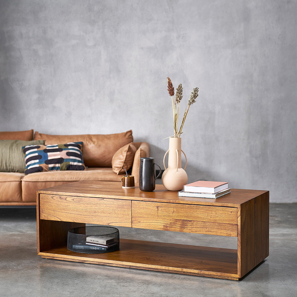 Berah Getah Milo table basse bois 140 cm noyer 4 tiroirs