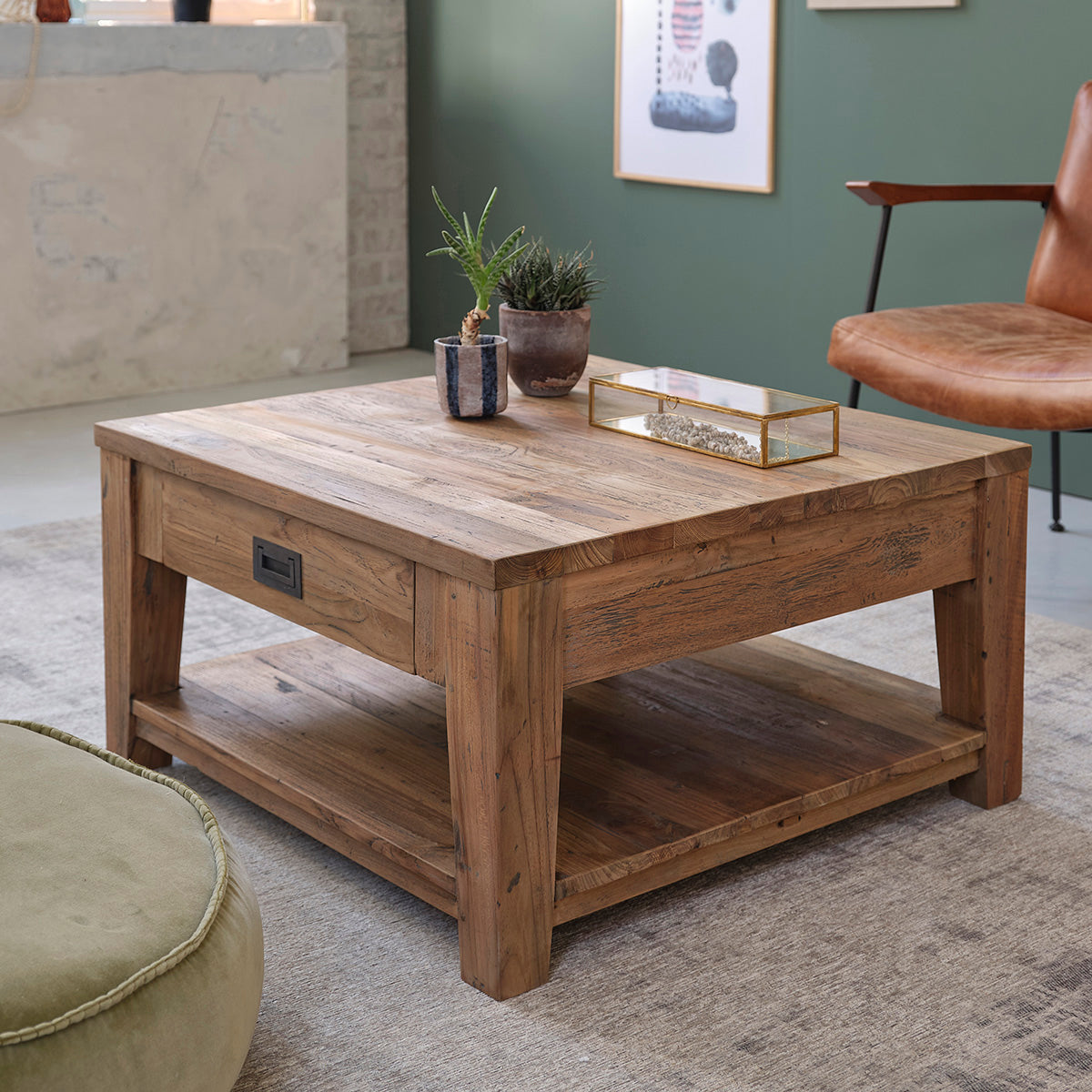 Berah Getah Cargo table basse teck recyclé 80 cm tiroir
