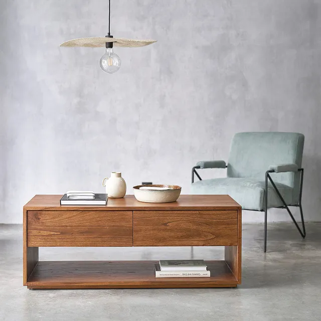 Berah Getah Milo table basse bois 120 cm noyer 2 tiroirs