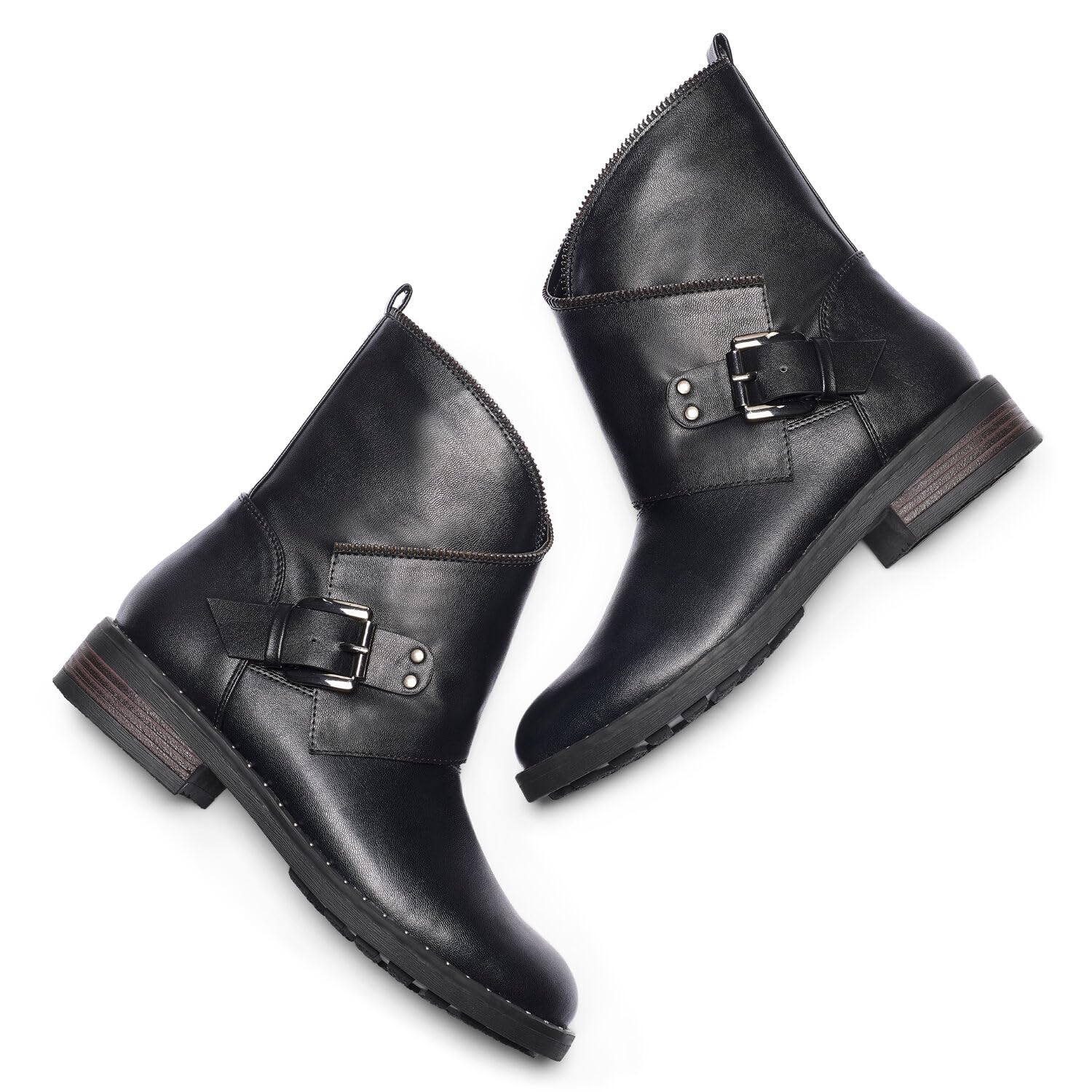Bata Bottines Bikers zip clous cuir noir femme