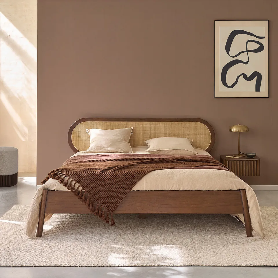 Berah Getah LILA lit bois 180 cm noyer cannage + sommier