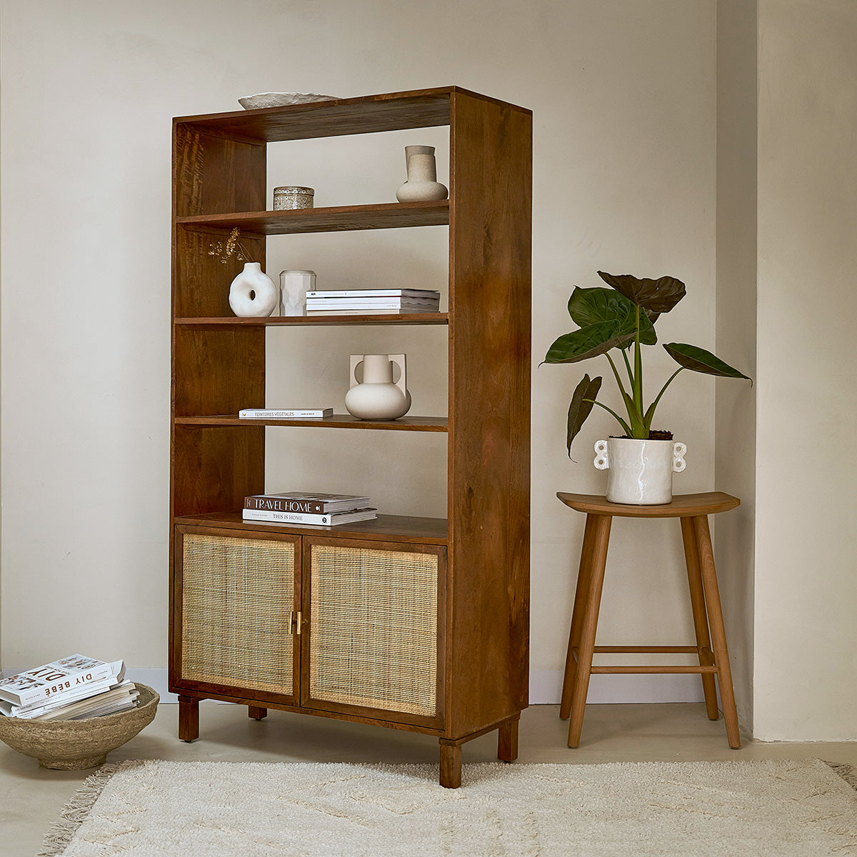 Berah Getah Salon bibliothèque manguier cannage noyer 170 cm