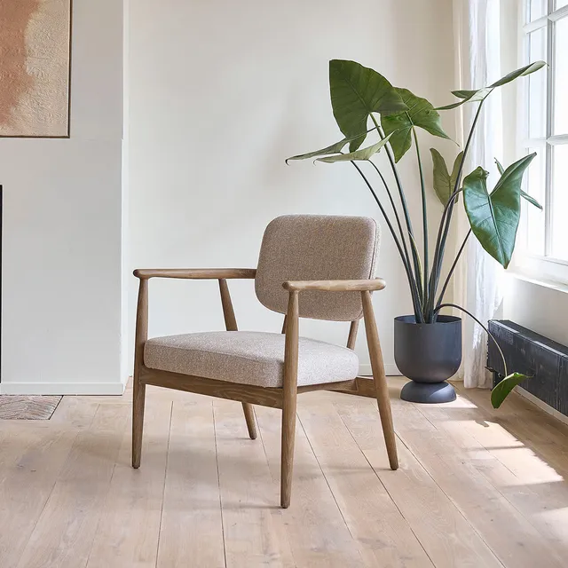 Berah Getah Salon fauteuil chêne tissu beige chiné