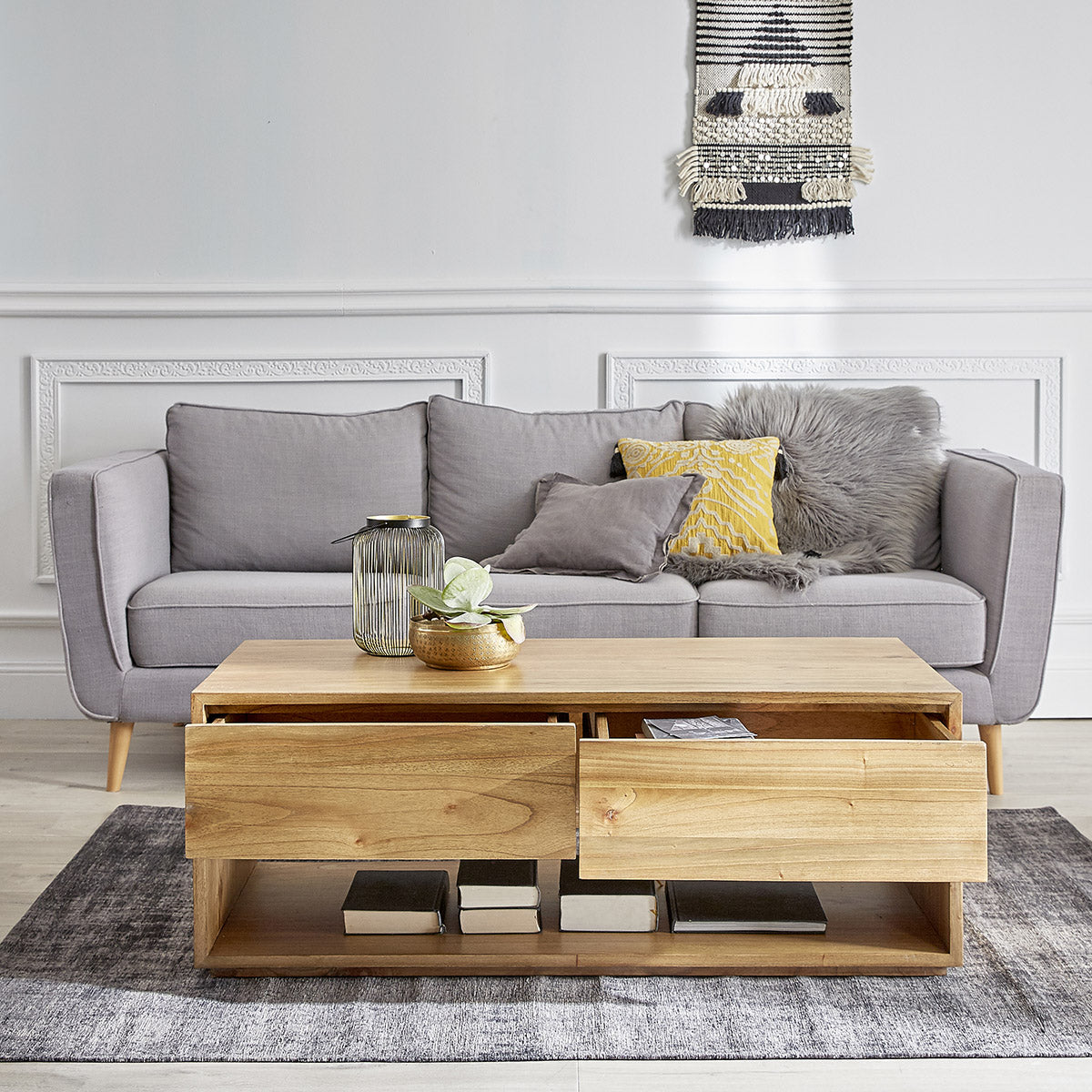 Berah Getah Tilo table basse mindi 120 cm 2 tiroirs