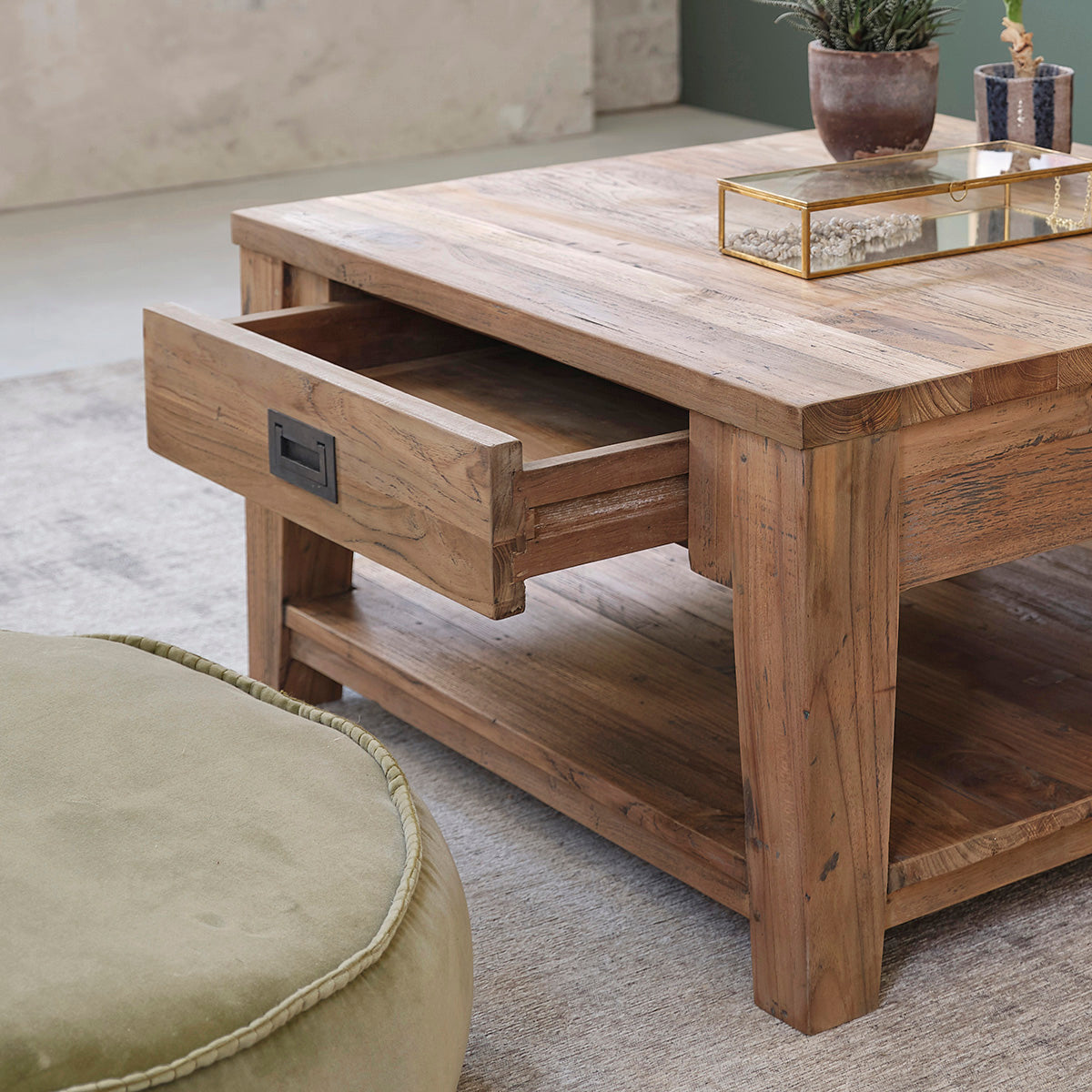 Berah Getah Cargo table basse teck recyclé 80 cm tiroir