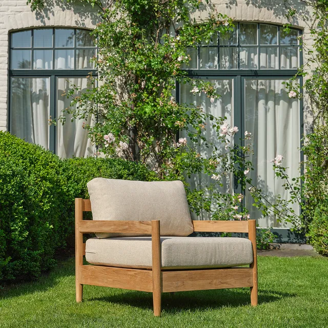 Berah Getah Calvi fauteuil jardin bas teck coussin beige 1 place