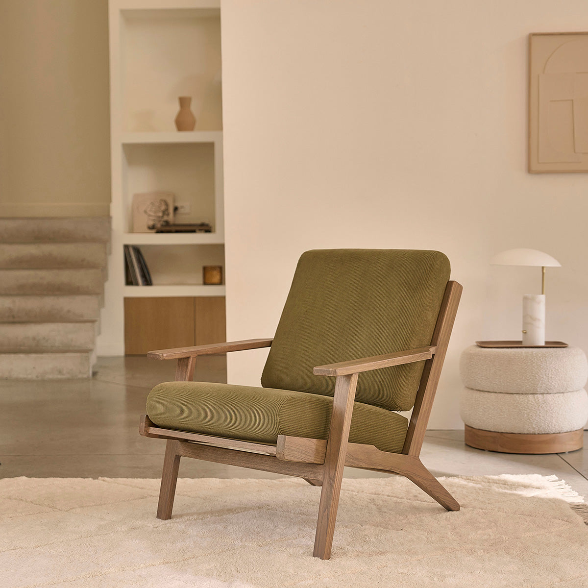 Berah Getah Achille fauteuil mindi velours vert olive