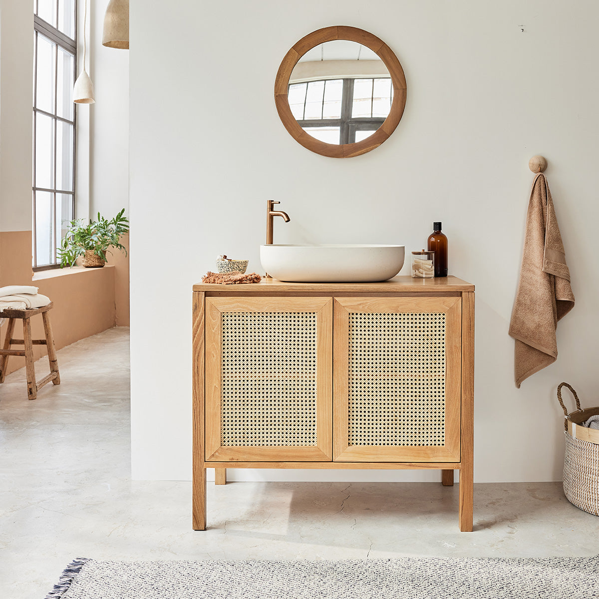 Berah Getah Eliott meuble sous-vasque teck 90 cm cannage
