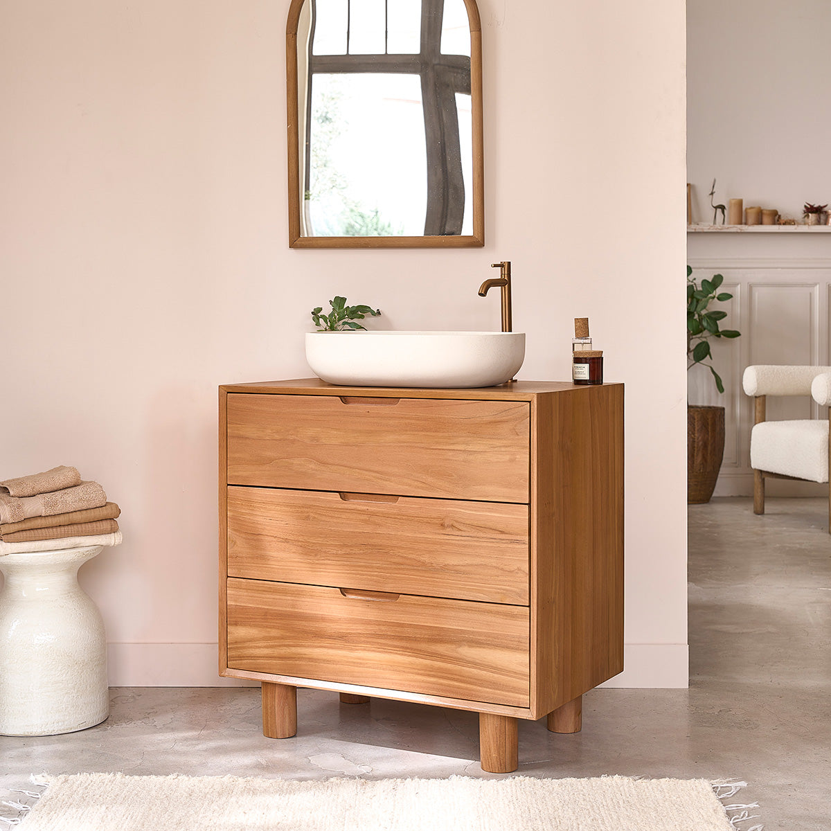 Berah Getah Gustave meuble salle de bain teck 80 cm 3 tiroirs